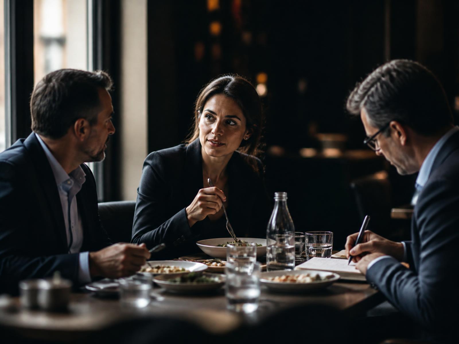 Three colleagues in conversation over a working lunch